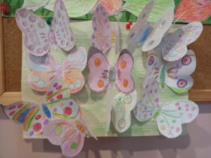 Композиция из разноцветных бабочек в творческой групповой работе